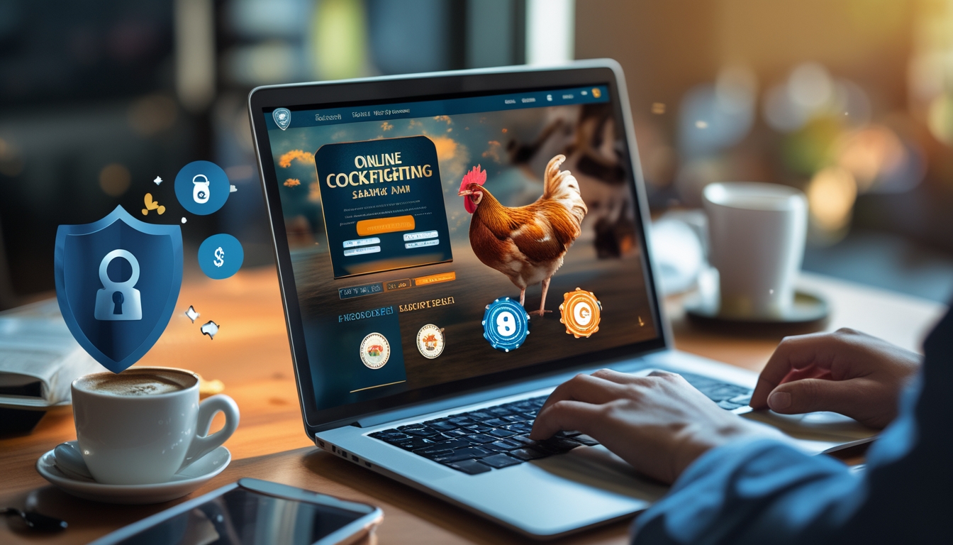 Seorang pengguna sedang menggunakan laptop dengan tampilan situs sabung ayam online terpercaya, di meja terdapat kopi dan ponsel, suasana profesional dan hangat.