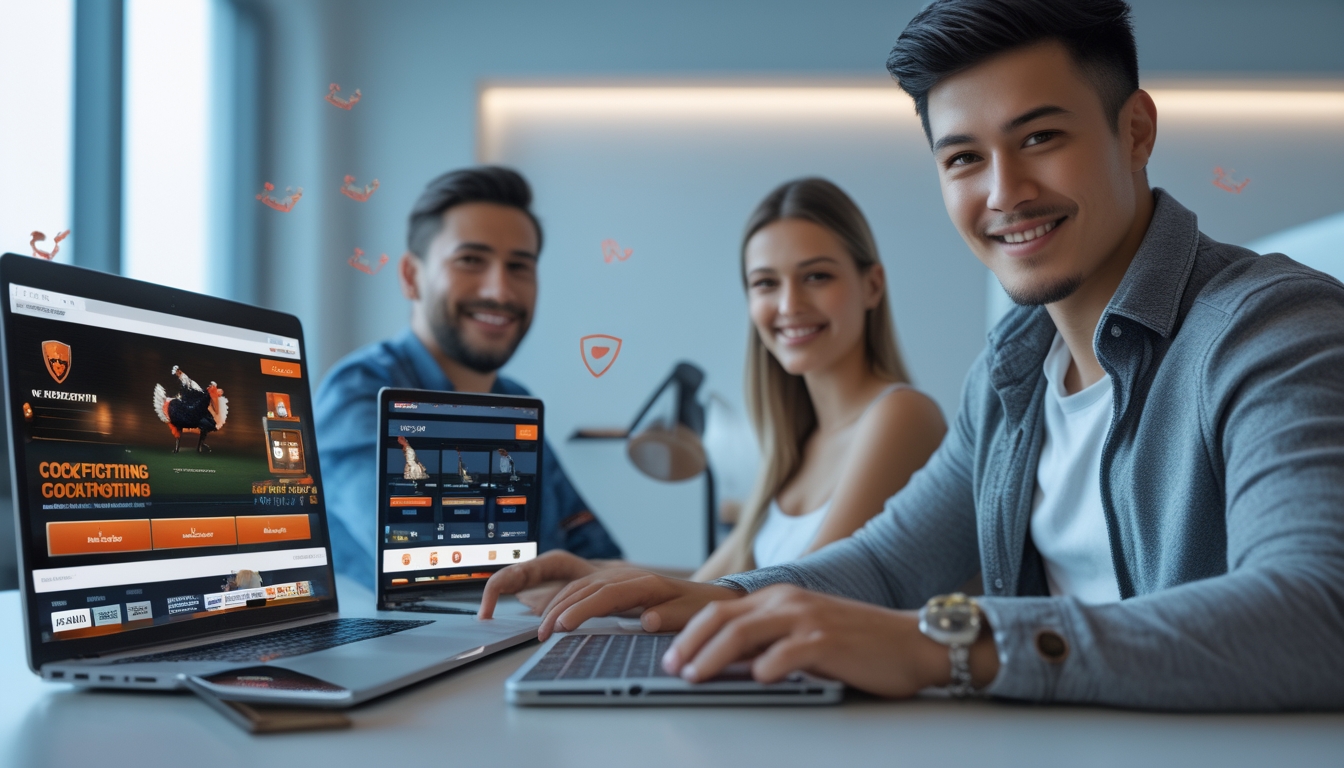 Dua orang dewasa sedang menggunakan perangkat digital untuk bertaruh pada sabung ayam secara online dalam ruangan yang terang dan aman.