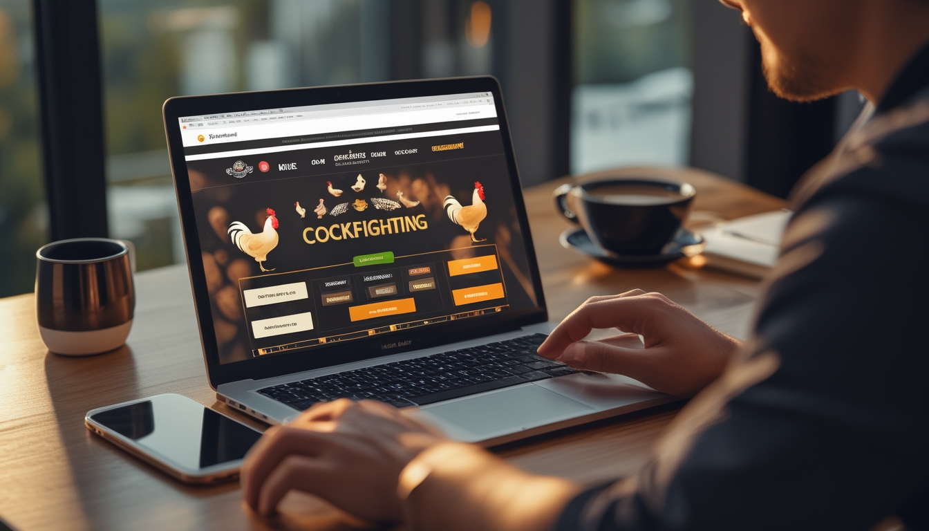 Seorang pria atau wanita menggunakan laptop di meja kerja dengan gambar ayam jago di layar, dikelilingi oleh ponsel, cangkir kopi, dan buku catatan.