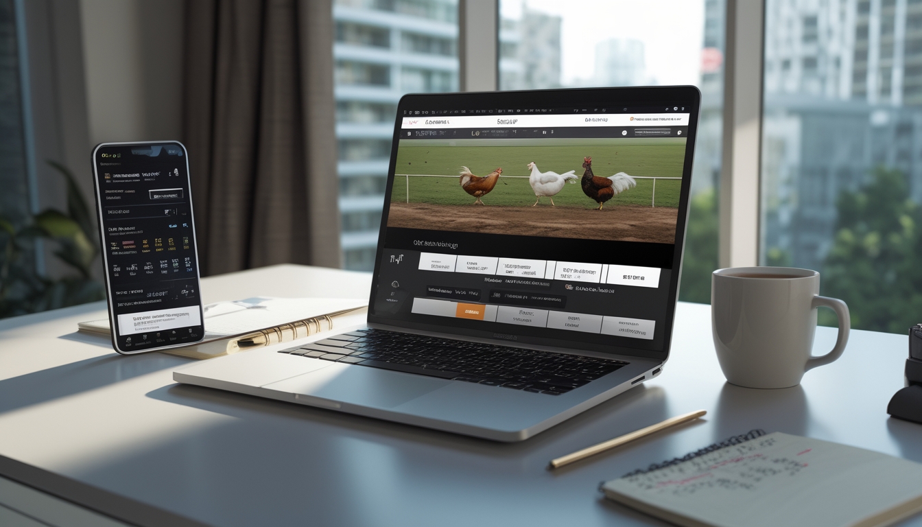 Seorang pria duduk di depan laptop di meja kerja dengan layar menampilkan pertandingan sabung ayam, dikelilingi oleh smartphone dan catatan, di ruangan yang terang dengan cahaya alami.