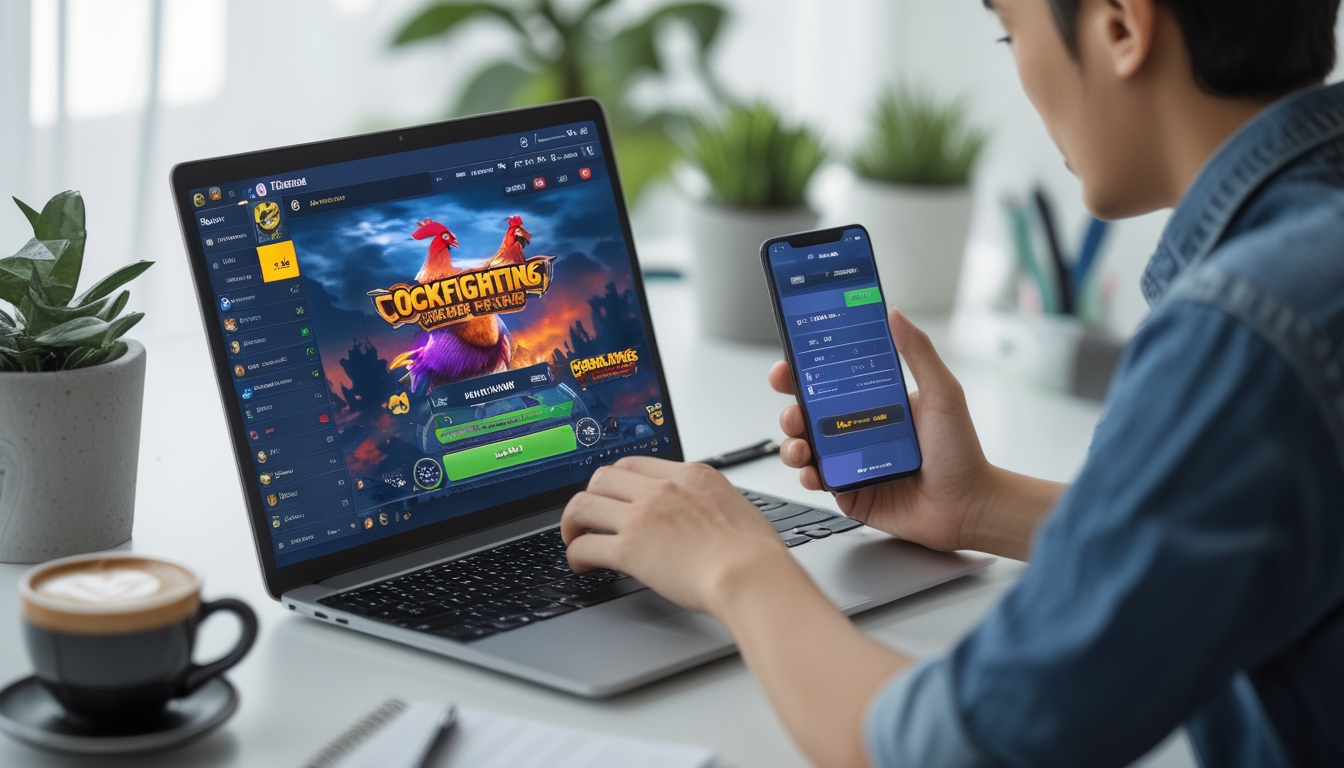 Seorang dewasa muda sedang menggunakan laptop dan ponsel di meja kerja untuk mendaftar dan bermain game online sabung ayam.
