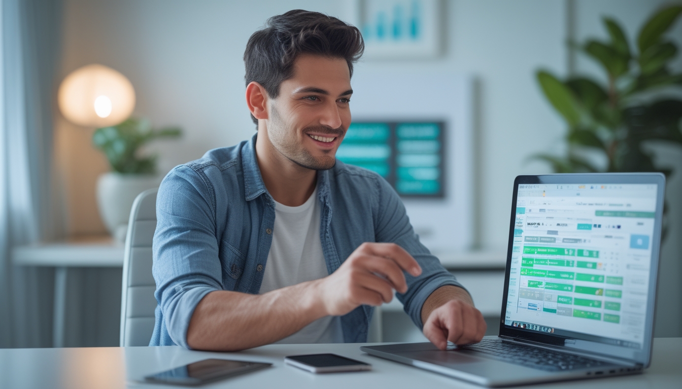 Seorang pria muda duduk di meja dengan laptop, fokus bermain judi togel online di ruangan yang terang dan rapi.