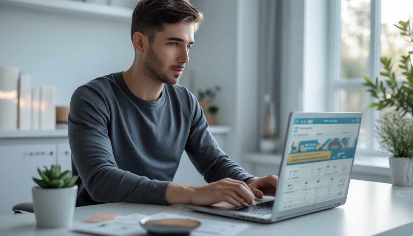 Seorang pria muda duduk di meja dengan laptop, terlihat fokus saat bermain togel online di ruang kerja yang terang dan rapi.