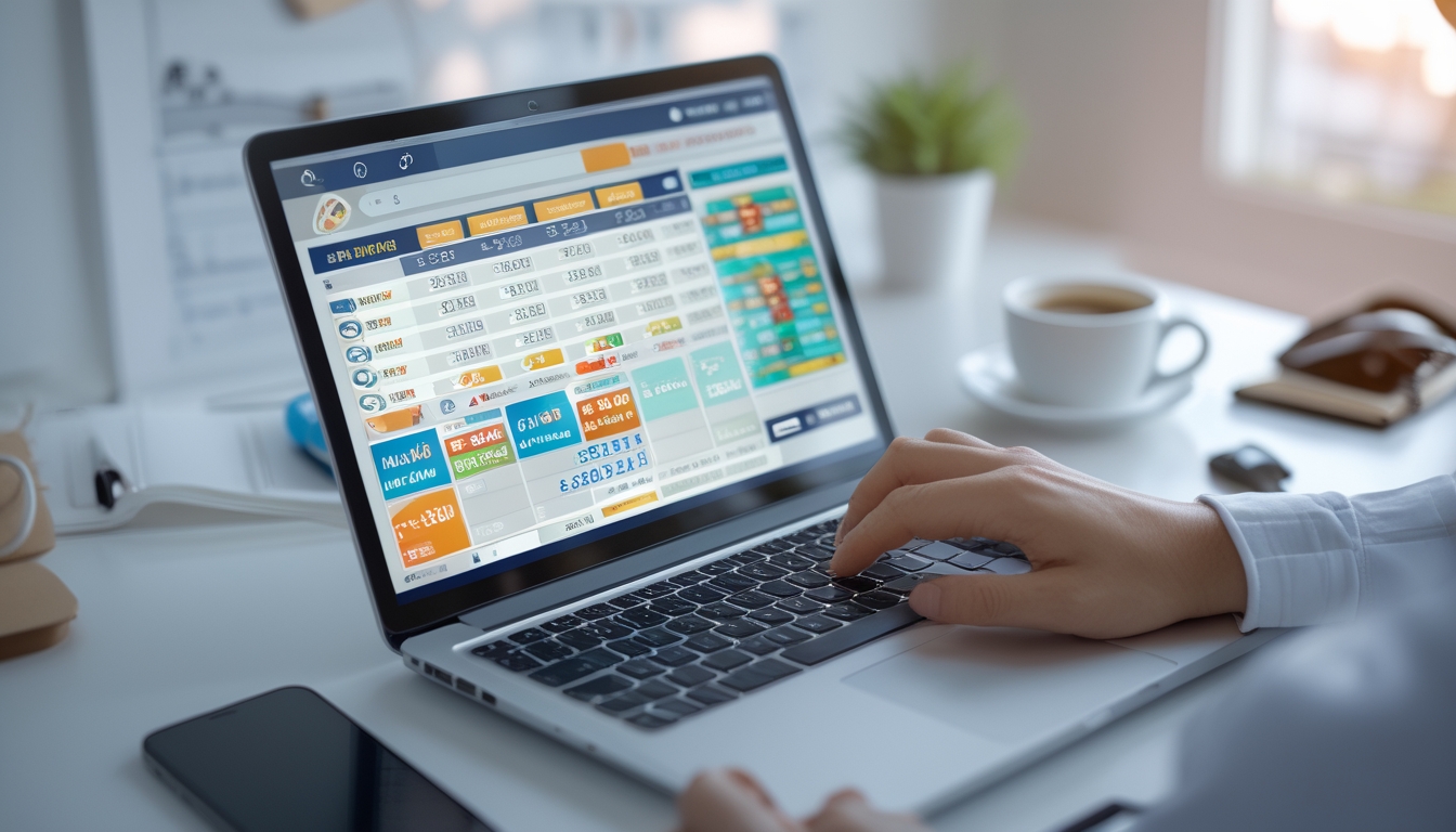 Orang menggunakan laptop di meja dengan antarmuka lotere digital yang terlihat, suasana terang dan rapi.