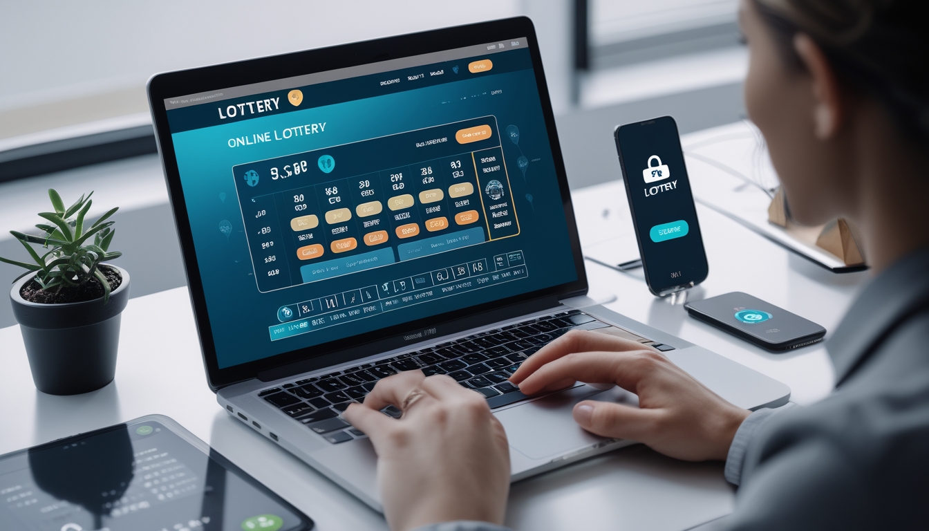 Seseorang menggunakan laptop dan ponsel di meja kerja untuk bermain togel online dengan tampilan layar yang menampilkan angka dan grafik.