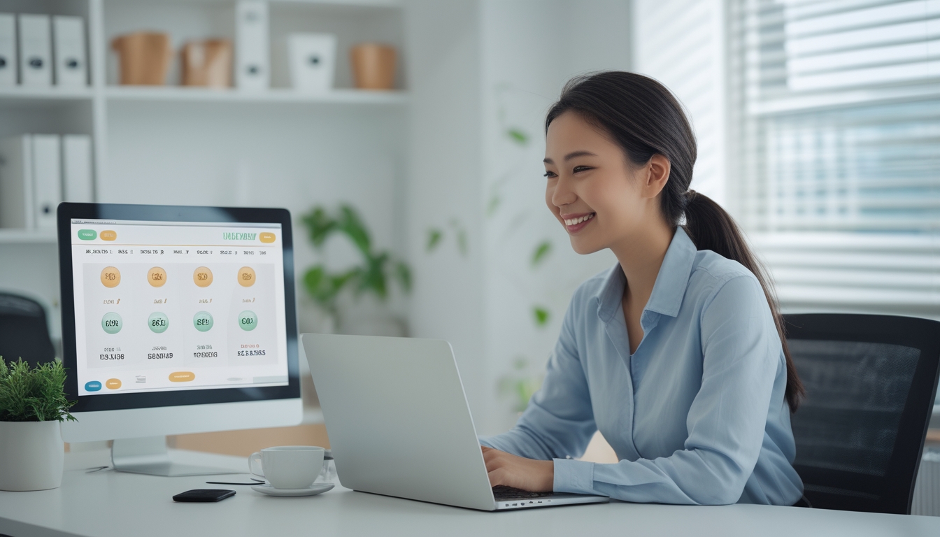 Seorang wanita muda duduk di depan laptop di ruang kerja yang rapi, tersenyum sambil melihat layar yang menampilkan situs togel online dengan simbol jackpot.