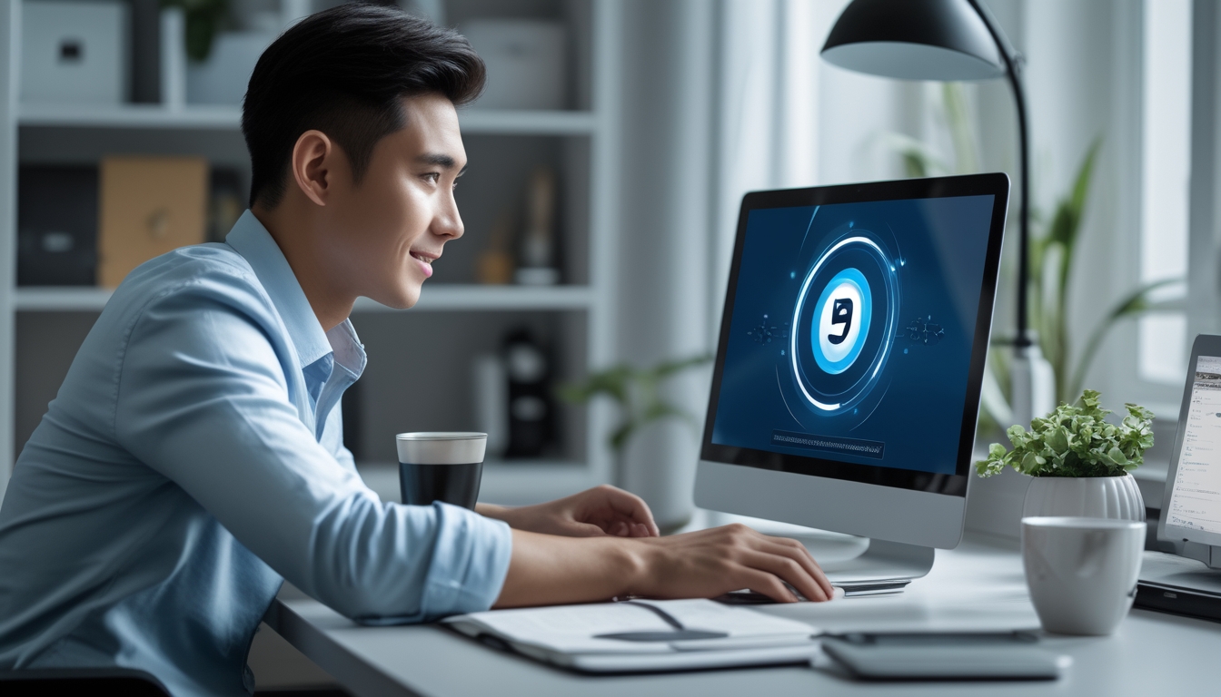 Seorang pria muda duduk di meja dengan laptop di ruang kerja rumah yang terang, tampak fokus dan percaya diri.