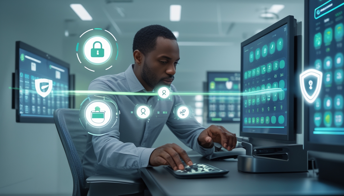 Seorang orang dewasa sedang duduk di meja modern dengan layar digital menampilkan angka lotere dan ikon keamanan, menunjukkan lingkungan permainan lotere online yang aman dan terpercaya.