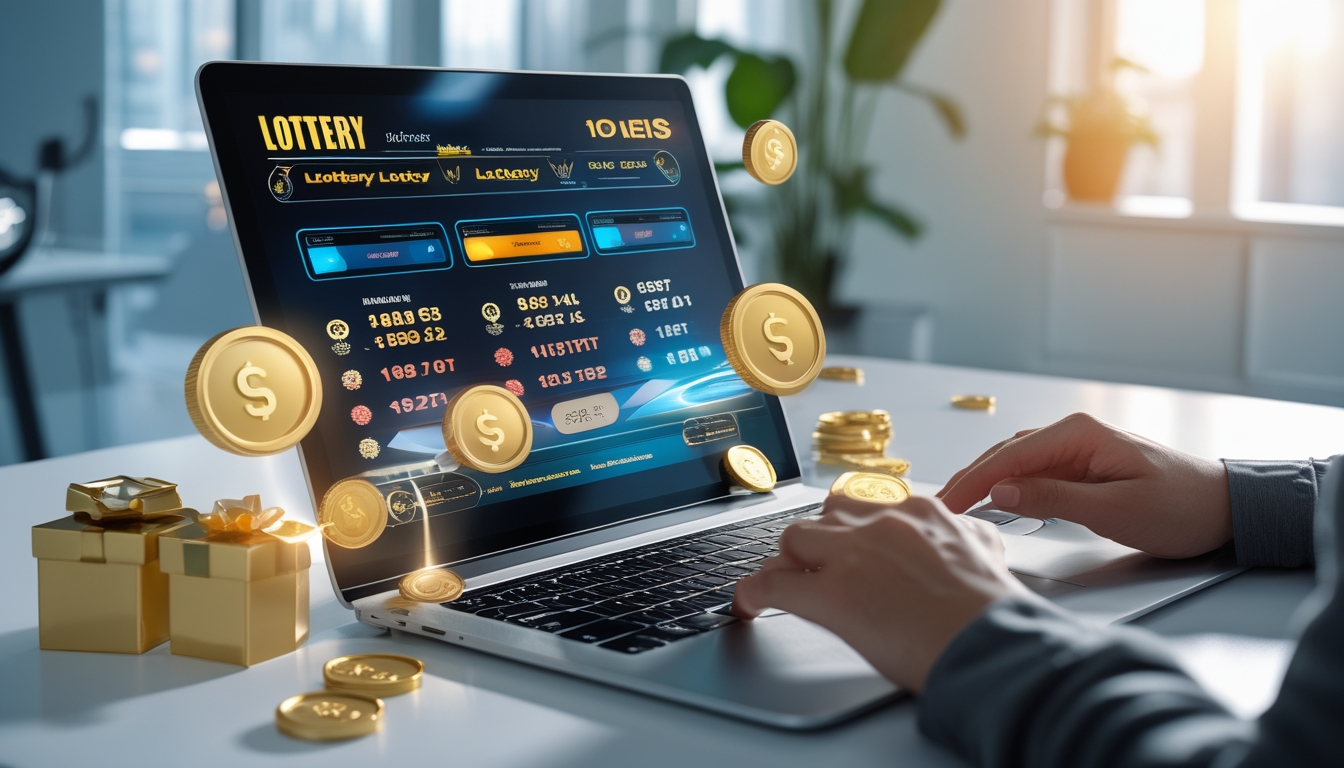 Seorang pengguna komputer laptop sedang bermain lotere online dengan koin emas dan hadiah di sekitarnya di ruang kantor yang terang.