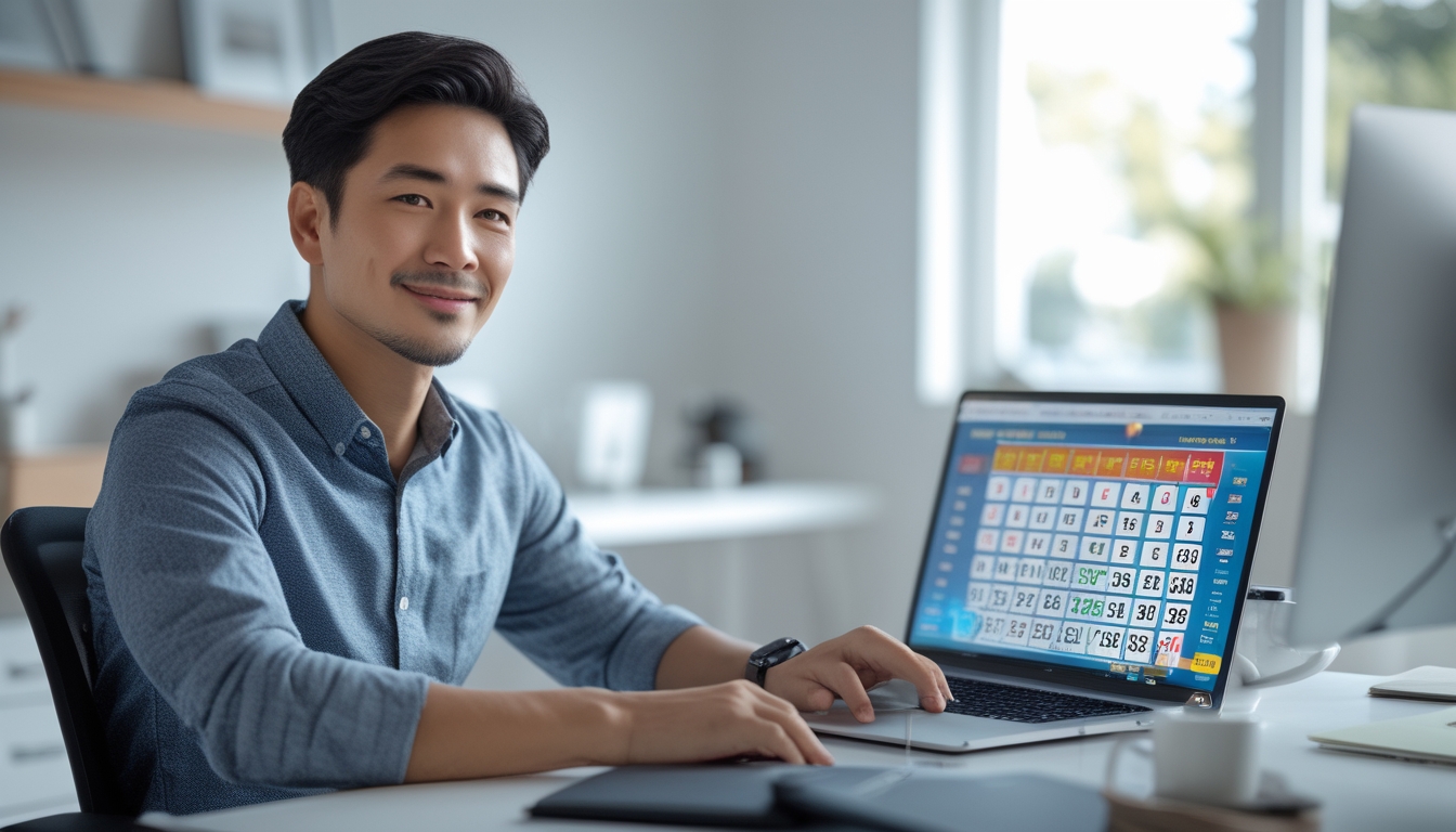 Seorang pria Asia duduk di meja dengan laptop dan ponsel yang menampilkan angka togel, terlihat fokus dan optimis di ruang kerja yang terang dan nyaman.