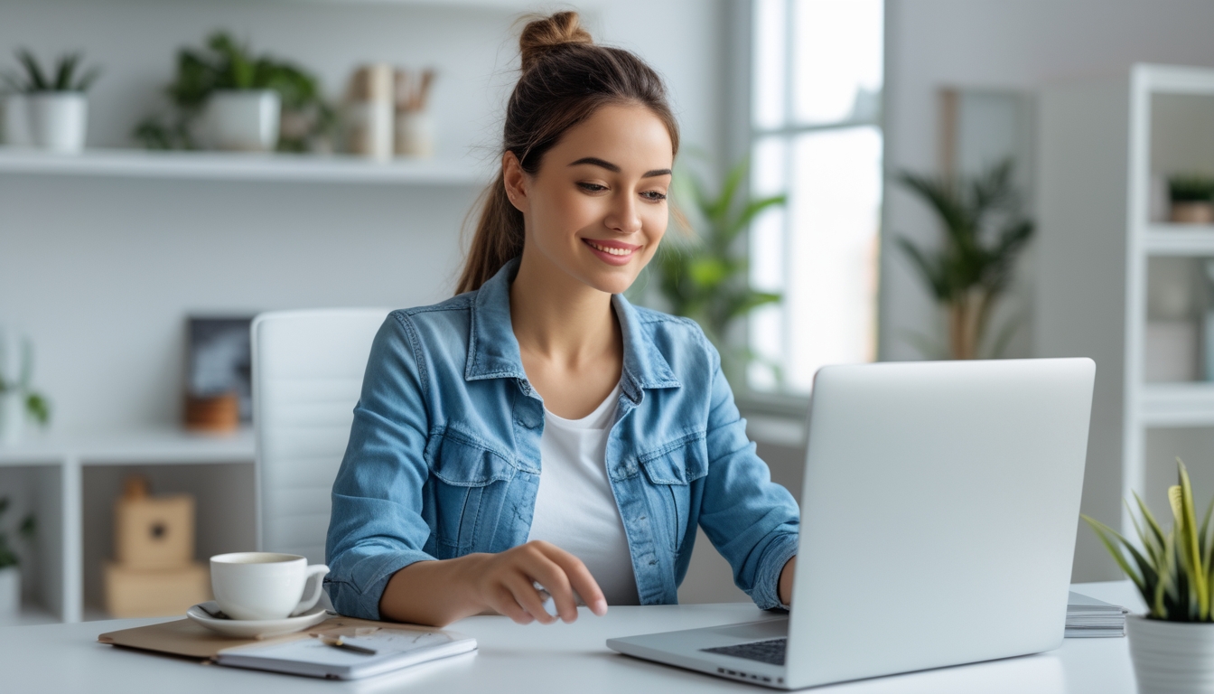Seorang wanita muda duduk di meja kerja dengan laptop, terlihat fokus dan puas saat menggunakan situs judi togel online resmi.