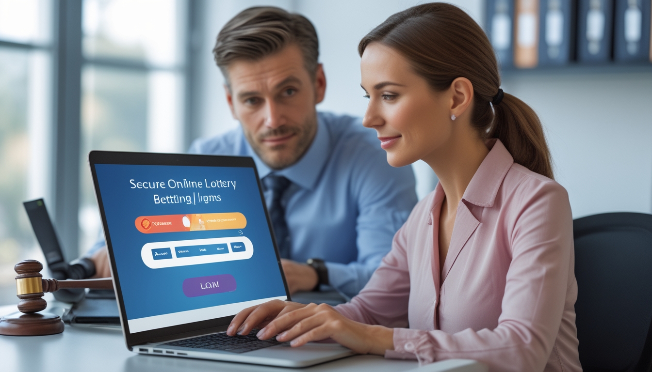 Seorang pria dan wanita duduk di meja dengan laptop yang menampilkan situs judi togel online yang aman dan terpercaya, di latar belakang terdapat palu hakim dan buku hukum.