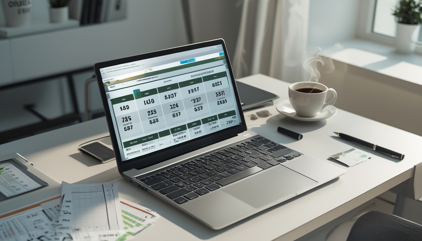 Meja kerja dengan laptop menampilkan situs togel online, catatan, pena, dan secangkir kopi.