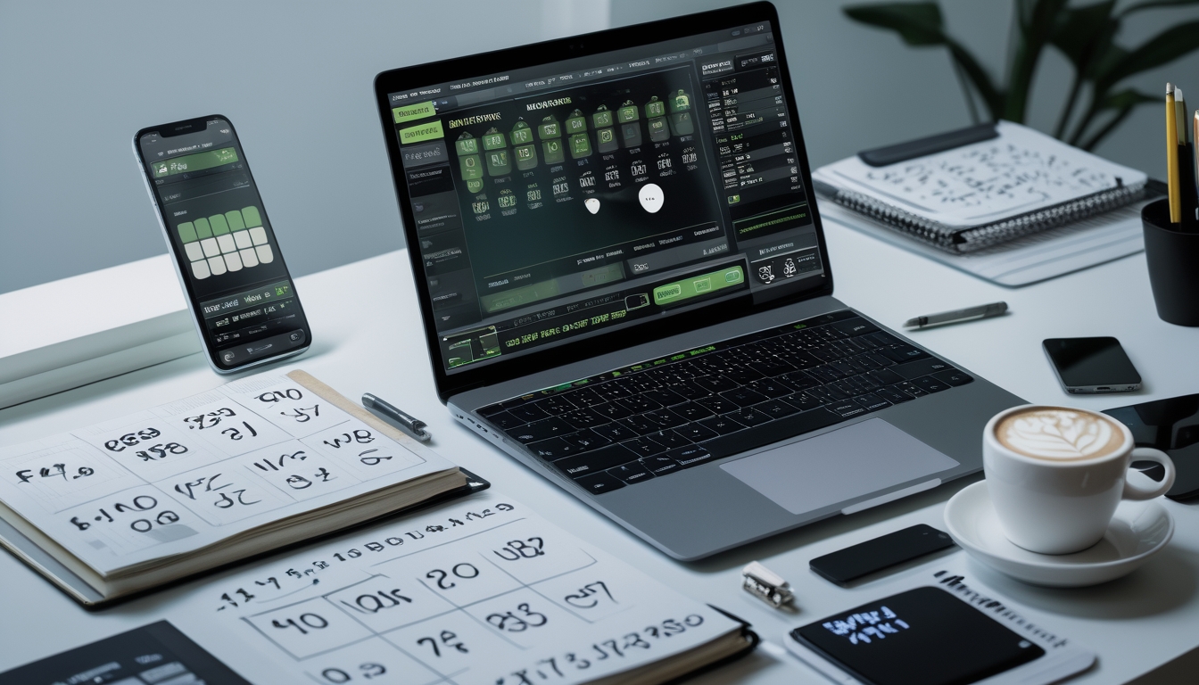 Seorang pria duduk di depan laptop dengan layar menampilkan antarmuka togel online, dikelilingi oleh ponsel, catatan angka, dan cangkir kopi di atas meja kerja yang rapi.