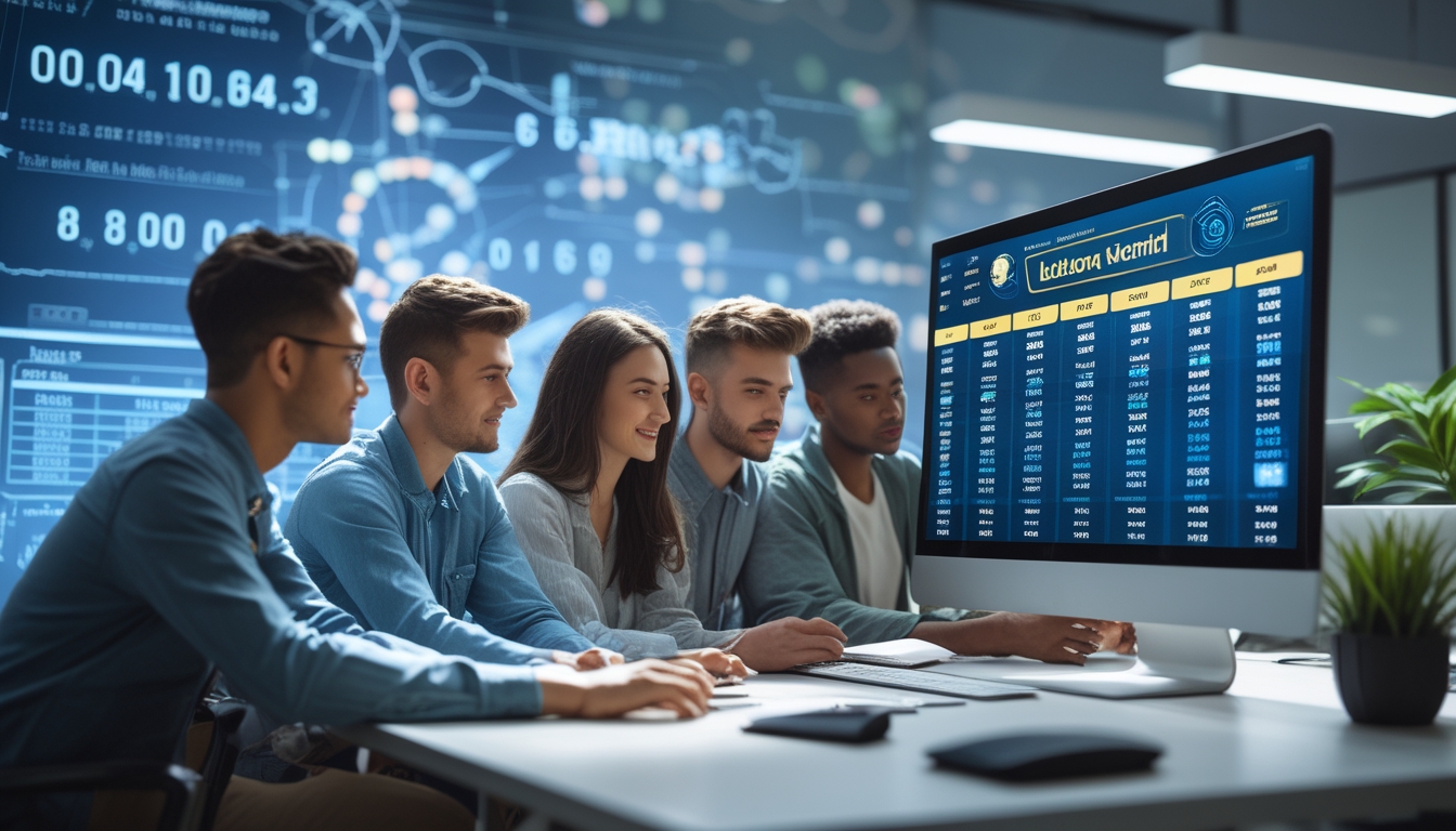 Sekelompok orang muda sedang melihat layar komputer di kantor modern yang terang, fokus pada permainan togel online dengan suasana profesional dan terpercaya.