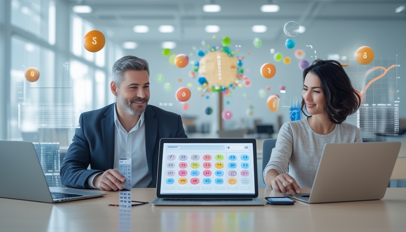 Dua orang dewasa sedang menggunakan perangkat digital untuk memilih nomor togel di lingkungan kantor yang modern dan terang.