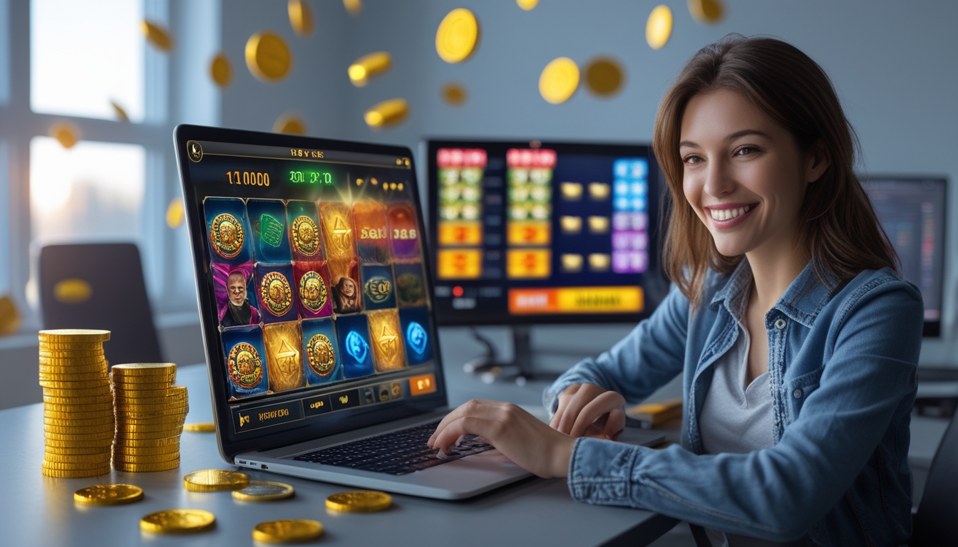 Seorang pemain dewasa tersenyum sambil bermain permainan slot online di komputer dengan koin emas dan chip poker di sekitar meja.