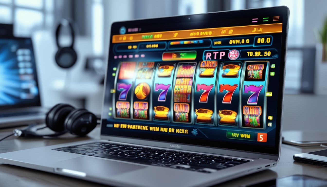 Seorang pemain menggunakan laptop dengan tampilan permainan slot online yang menampilkan gulungan warna-warni dan indikator RTP di layar dalam ruangan kantor rumah yang rapi.