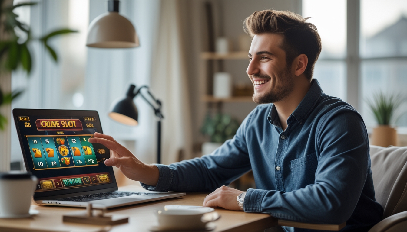 Seorang pria muda duduk di meja rumah sambil bermain game slot online di laptop dengan ekspresi senang dan percaya diri.