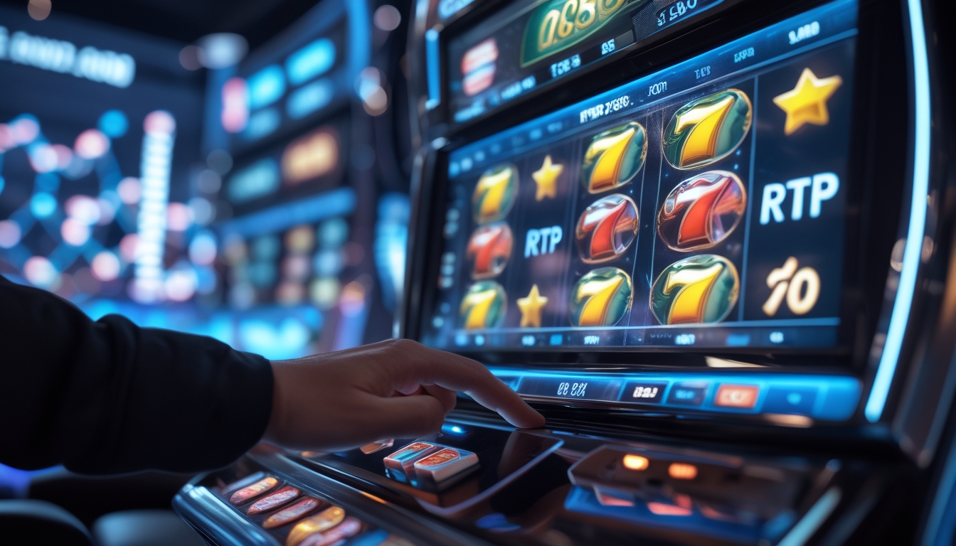 Seseorang sedang bermain mesin slot online dengan layar berwarna-warni dan grafik data RTP di latar belakang.