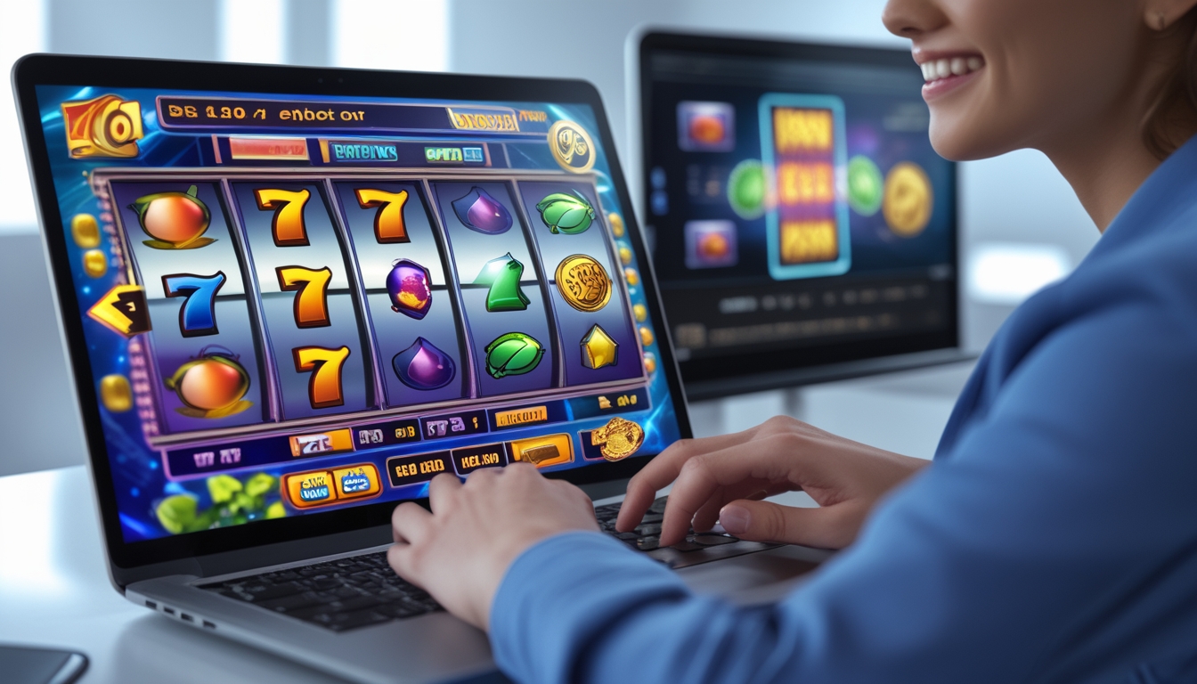 Seorang pengguna sedang bermain mesin slot online di depan layar komputer dengan ekspresi puas, di lingkungan yang terang dan modern.