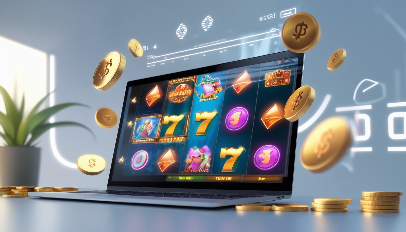 Layar komputer menampilkan permainan slot online dengan koin digital dan simbol pembayaran cepat di sekitarnya.