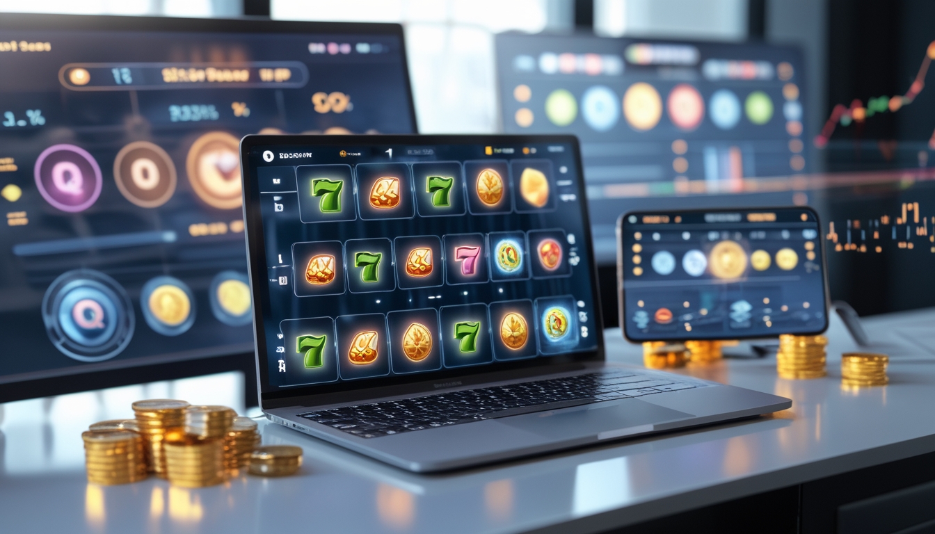 Tampilan perangkat digital dengan permainan slot online di layar, menampilkan simbol slot dan grafik statistik di latar belakang.