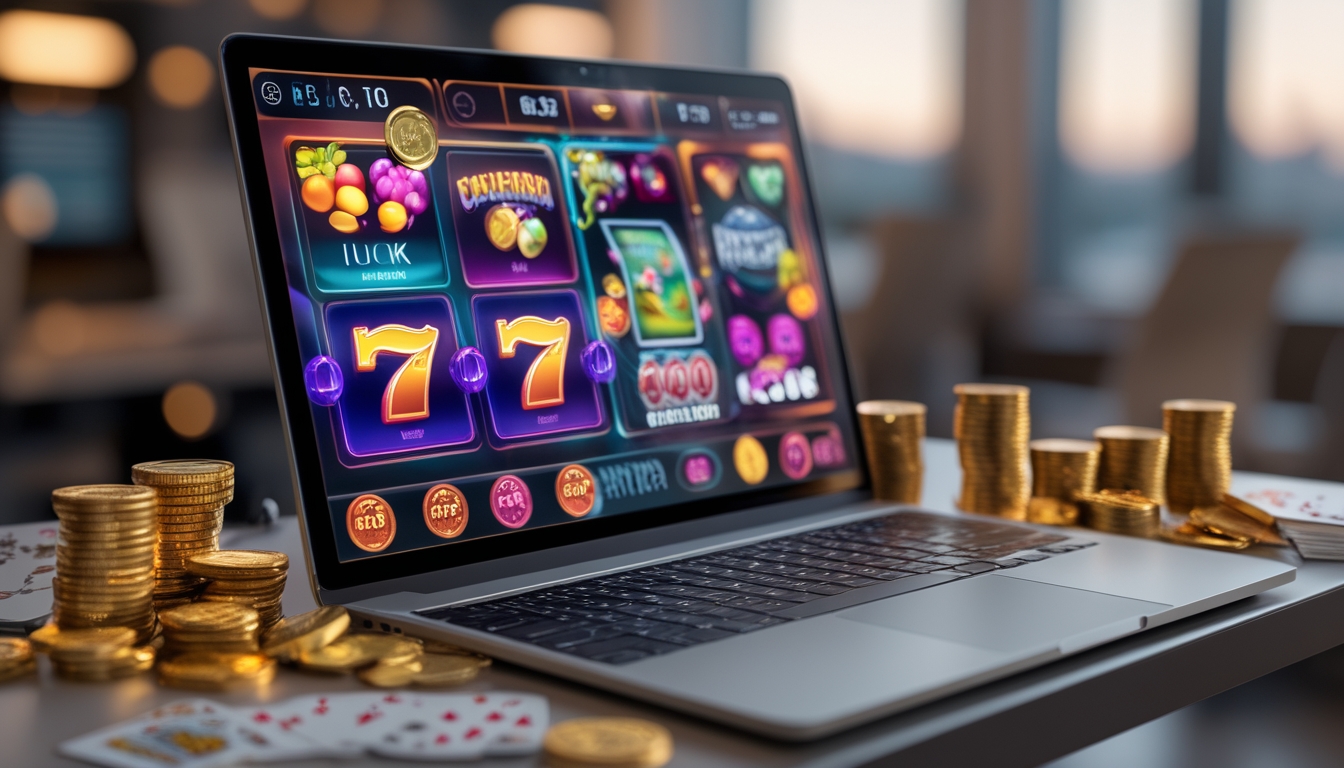 Sebuah meja kerja dengan komputer menampilkan permainan slot online berwarna-warni, dikelilingi koin emas dan chip poker.