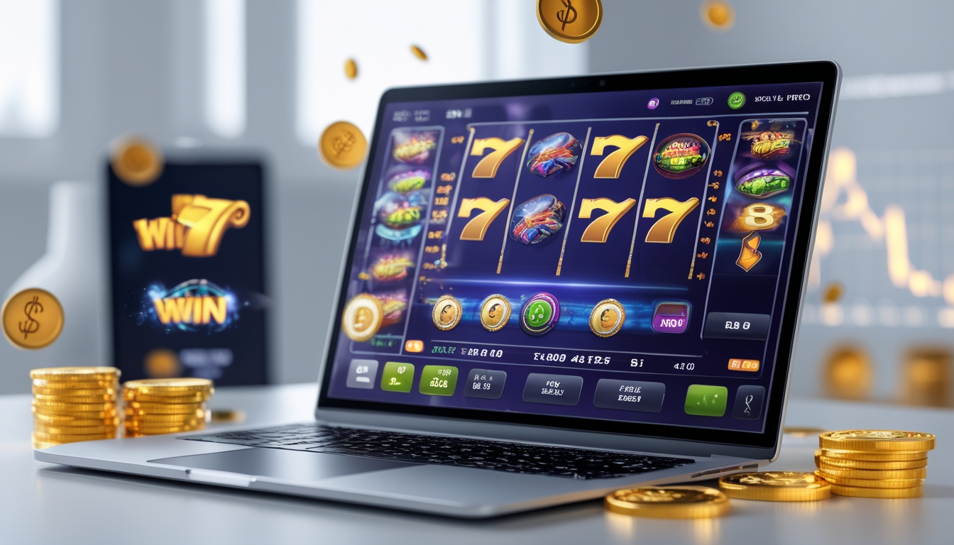 Seseorang menggunakan komputer dengan tampilan permainan slot online yang cerah dan berwarna-warni, dengan koin dan simbol kemenangan di sekitarnya.