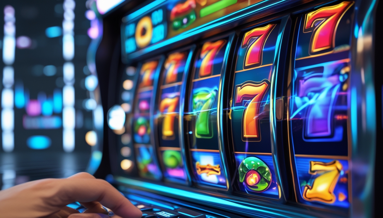 Tampilan dekat mesin slot online digital yang berwarna-warni dengan simbol berputar di layar perangkat modern dalam lingkungan teknologi yang bersih dan terang.