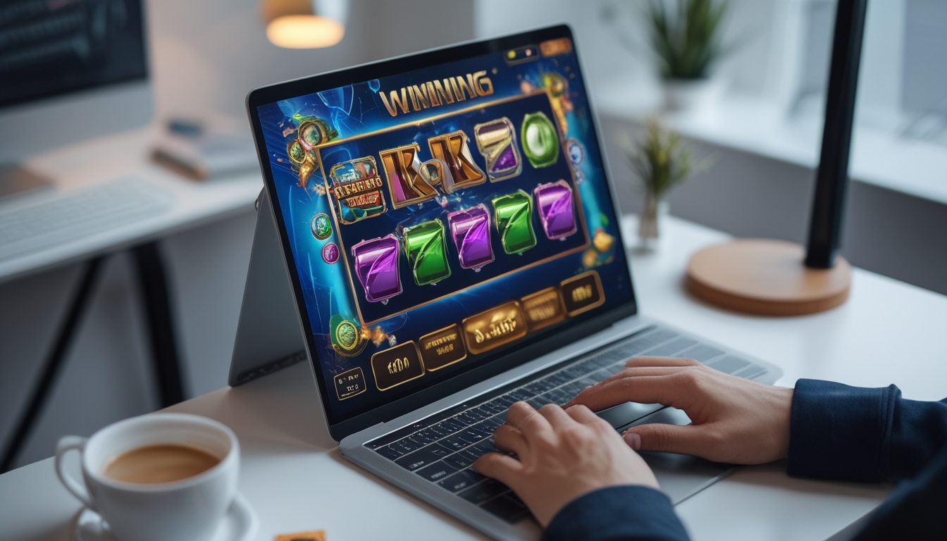 Seseorang bermain permainan slot online di komputer dengan ekspresi fokus dan lingkungan kerja yang nyaman.
