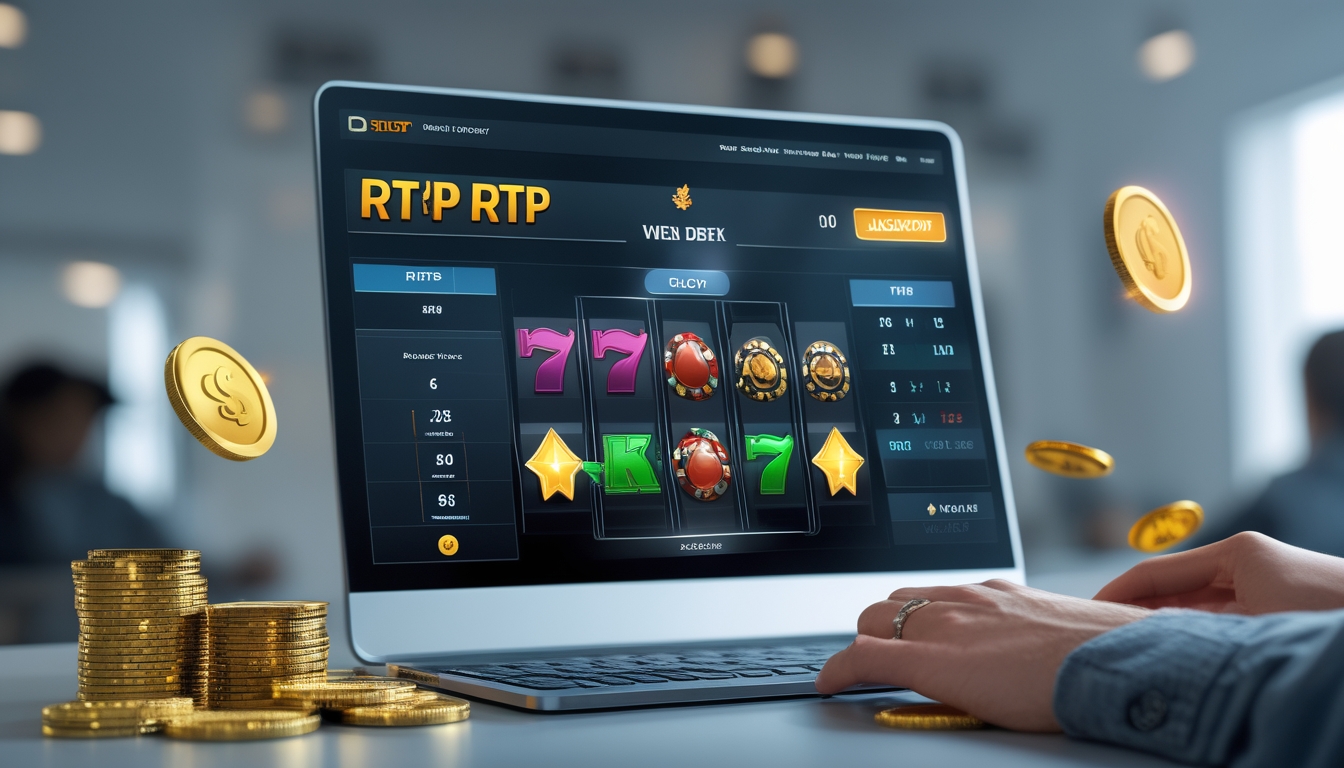 Seorang pemain menggunakan laptop yang menampilkan permainan slot online dengan koin emas dan chip poker di sekitarnya.