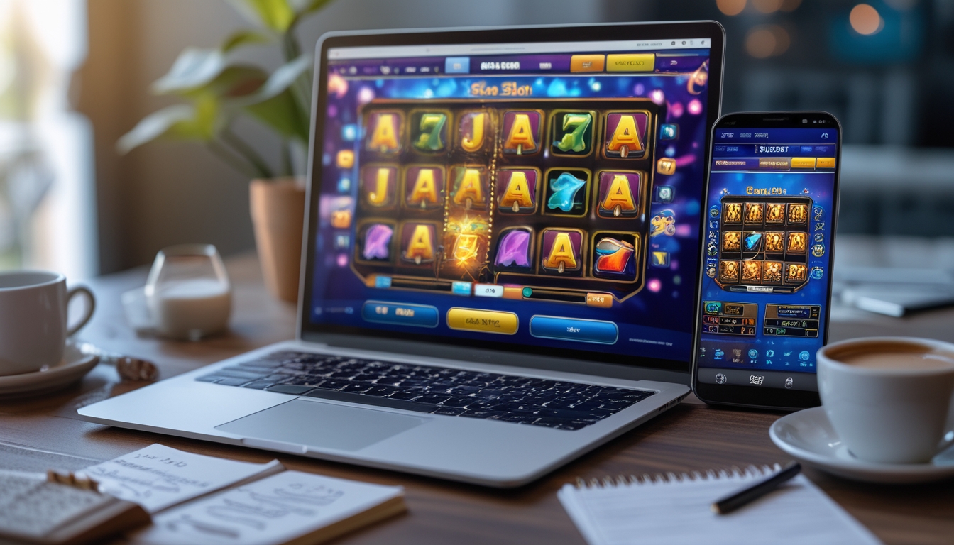 Seorang pria sedang menggunakan laptop dan ponsel untuk bermain permainan slot online di meja kerja dengan suasana nyaman.