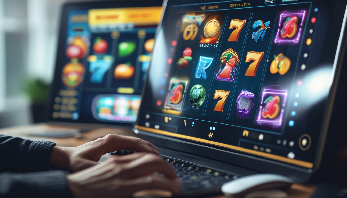 Seseorang sedang bermain permainan slot online di komputer dengan latar belakang ruangan yang nyaman.