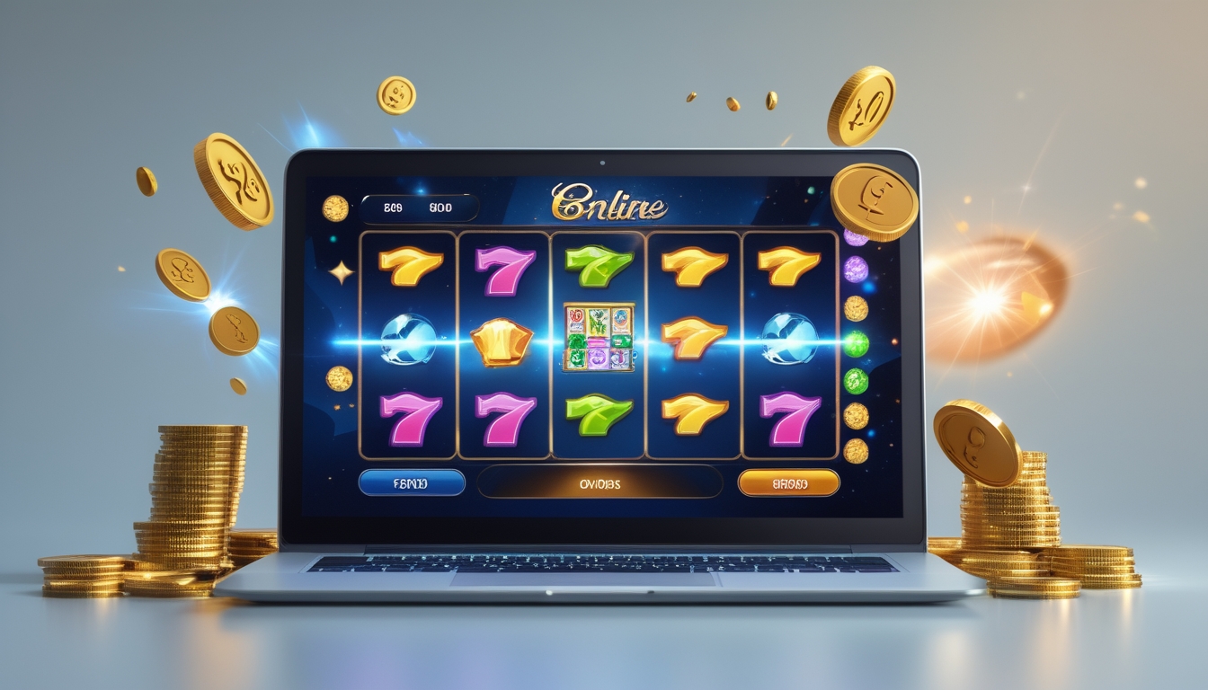 Layar komputer menampilkan permainan slot online dengan koin dan simbol kemenangan di sekitarnya.