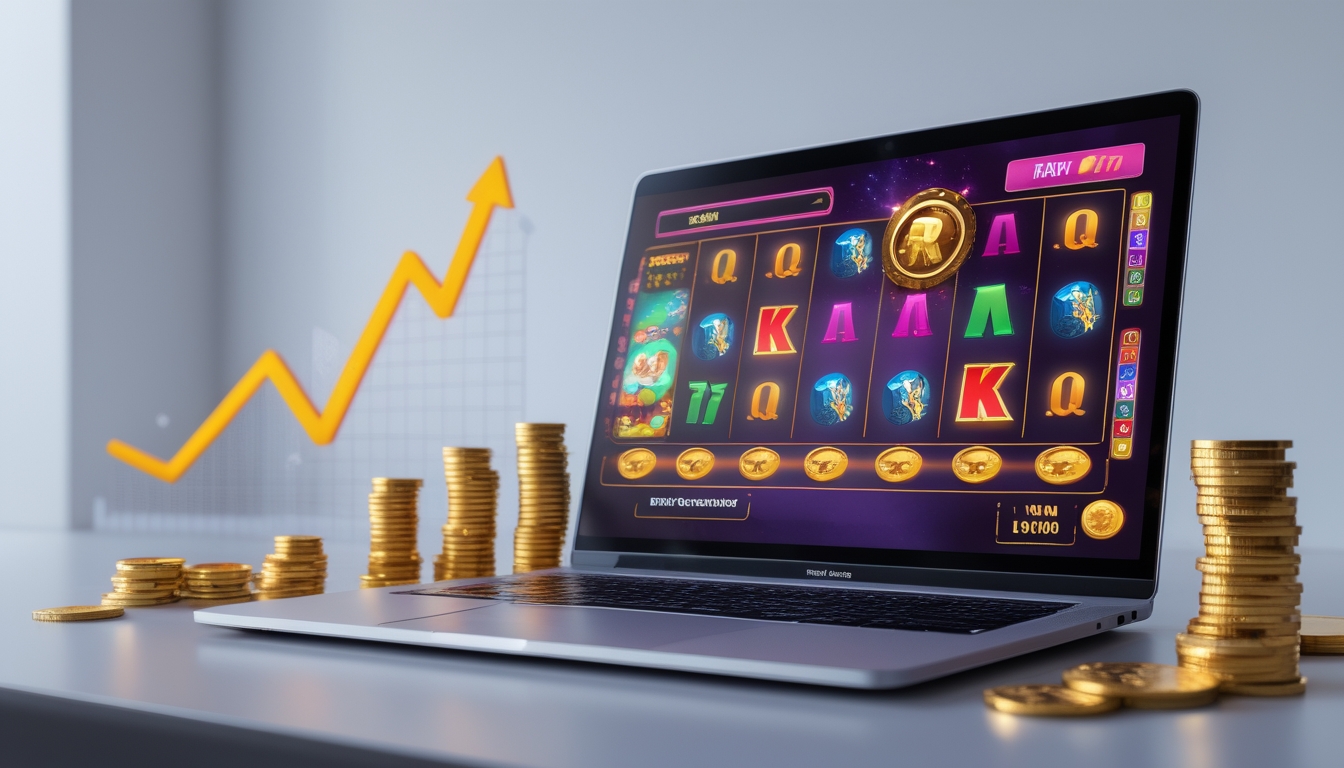 Seorang pemain menggunakan laptop yang menampilkan permainan slot online dengan simbol warna-warni dan ikon bonus, dikelilingi oleh grafik pertumbuhan dan koin di latar belakang yang bersih.