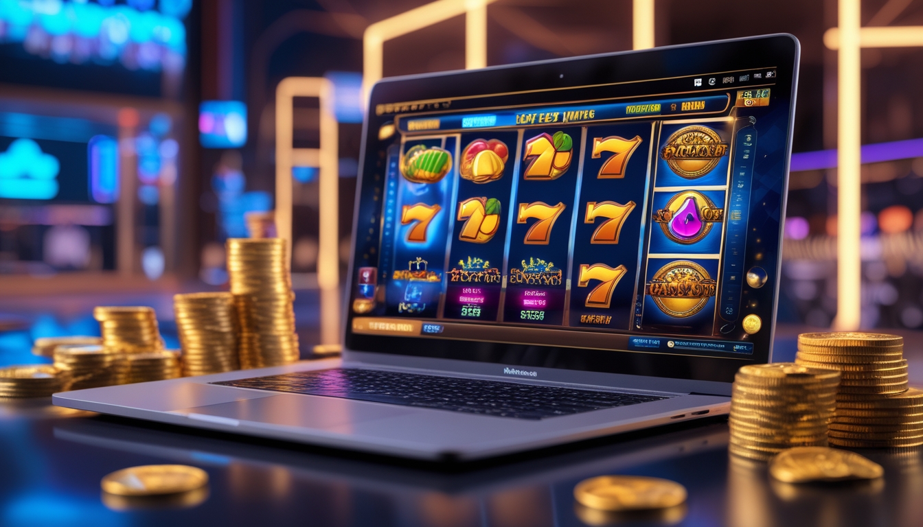 Seorang pemain sedang menggunakan komputer dengan layar menampilkan permainan slot online yang penuh warna dan simbol keberuntungan, dikelilingi oleh koin emas dan suasana kasino digital.