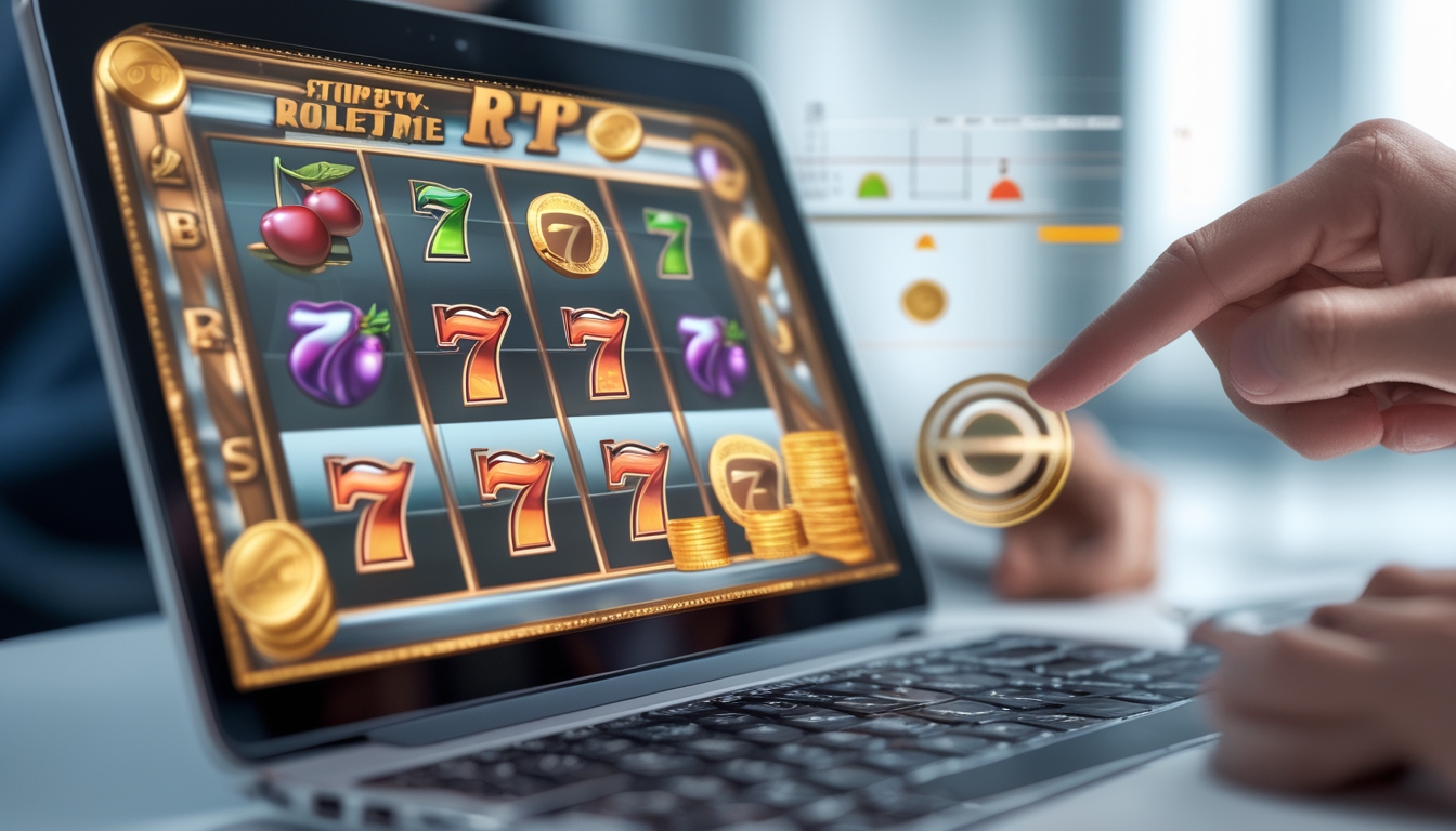 Seorang pengguna sedang bermain mesin slot online di laptop dengan latar belakang grafik peluang menang dan koin emas.