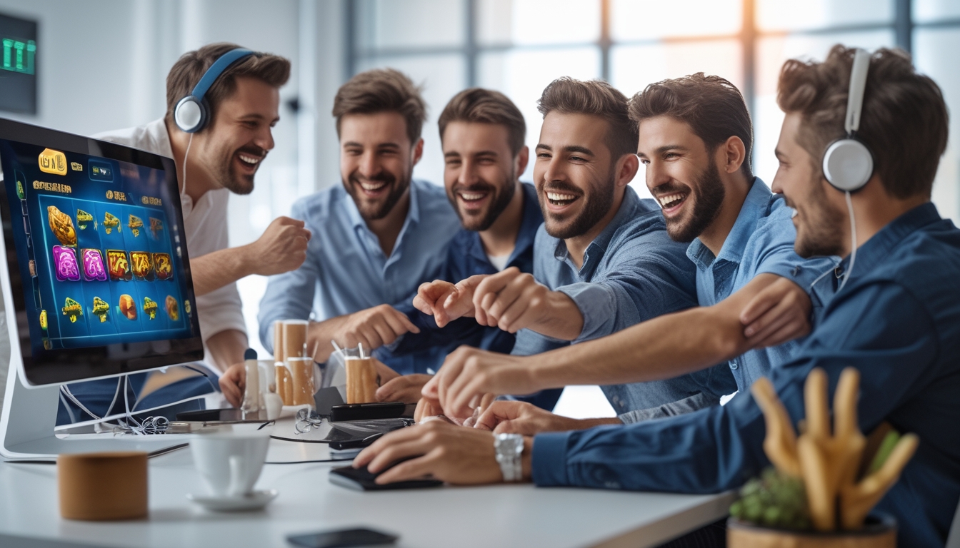 Beberapa pria menikmati permainan slot online di depan komputer, terlihat senang dan antusias dengan suasana yang cerah dan modern.