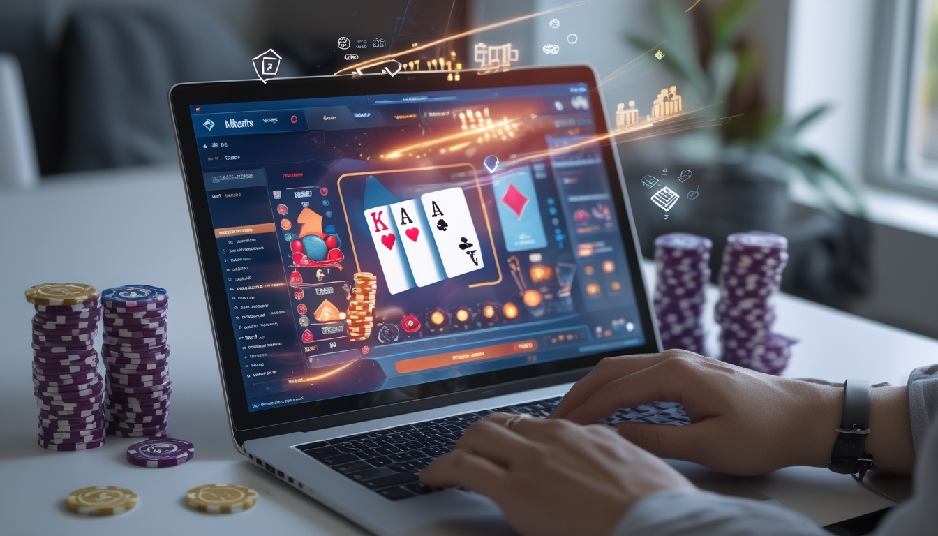 Seseorang bermain poker online di depan komputer dengan chip poker dan kartu yang terlihat jelas.