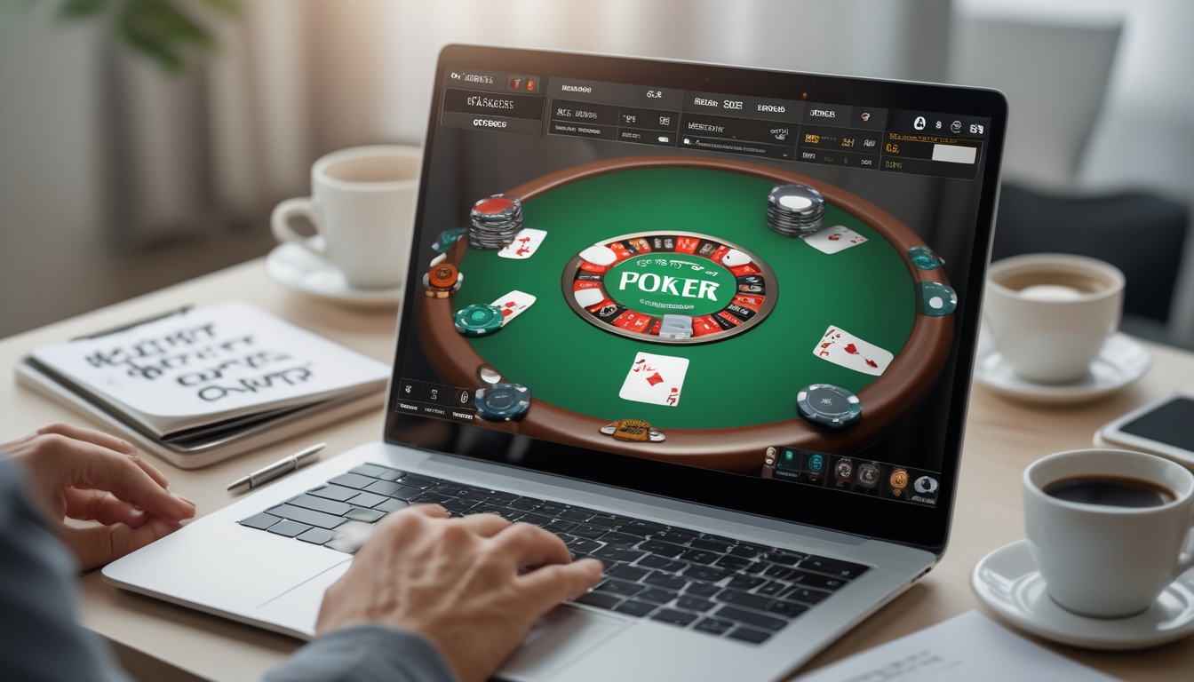 Seorang pemain poker online sedang bermain di laptop dengan tampilan meja poker digital dan chip poker di layar.
