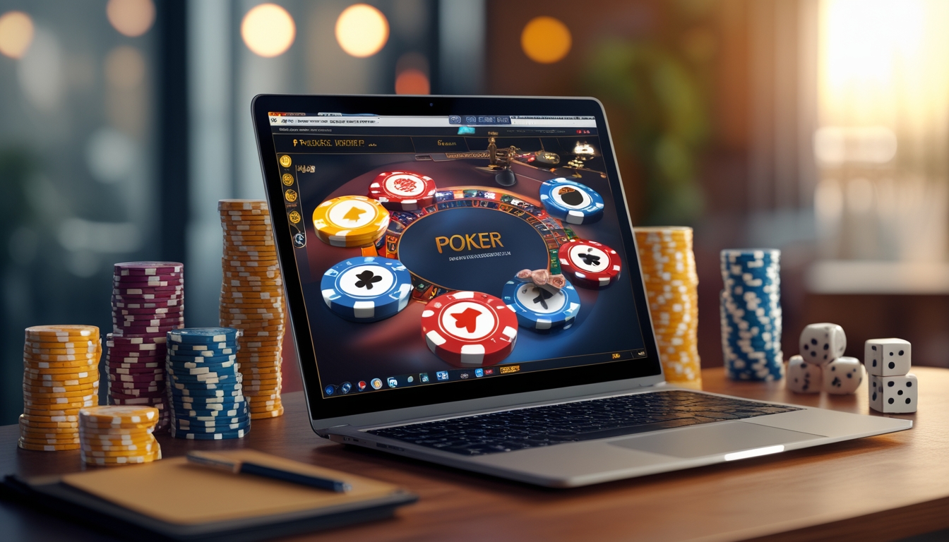 Sebuah meja dengan komputer menampilkan permainan poker online, dikelilingi oleh tumpukan chip poker dan kartu bermain.