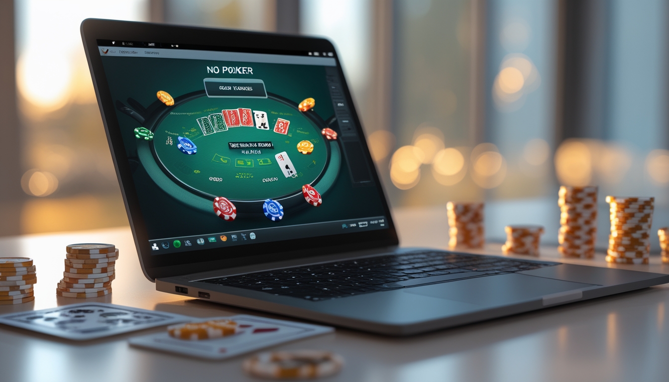 Sebuah meja dengan komputer yang menampilkan permainan poker online, dikelilingi oleh tumpukan chip poker dan kartu bermain.