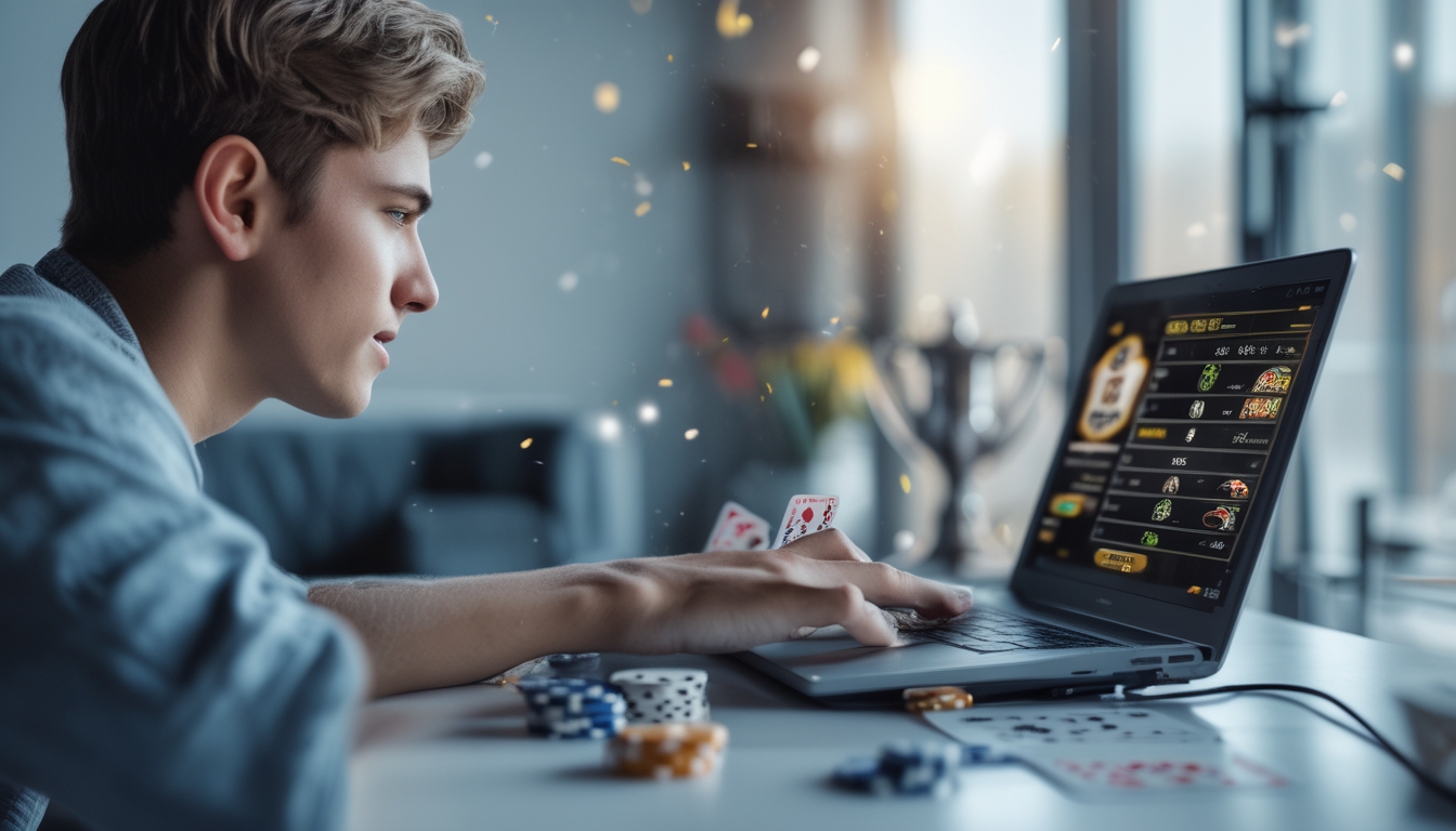 Seseorang sedang bermain poker online di laptop dengan tumpukan chip dan kartu di mejanya.