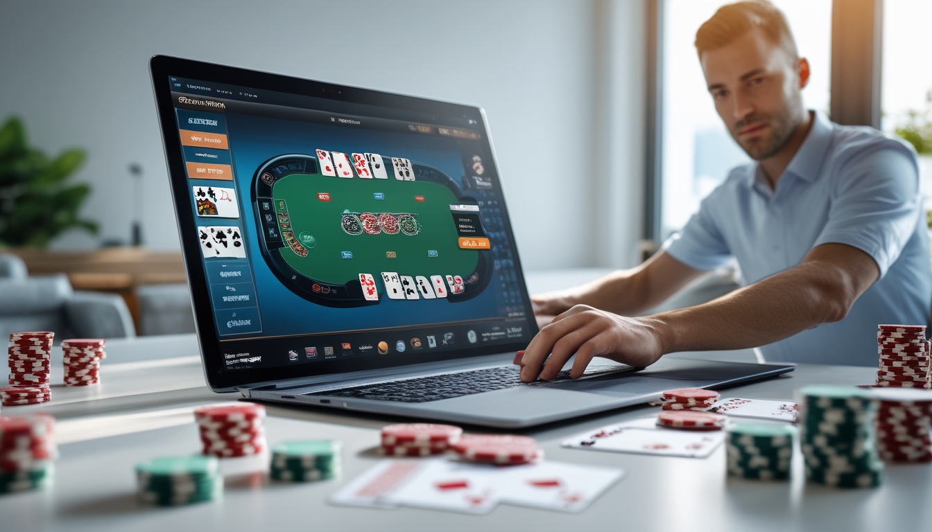 Seorang pemain poker sedang menggunakan komputer dengan tumpukan chip dan kartu di meja, fokus pada permainan poker online.