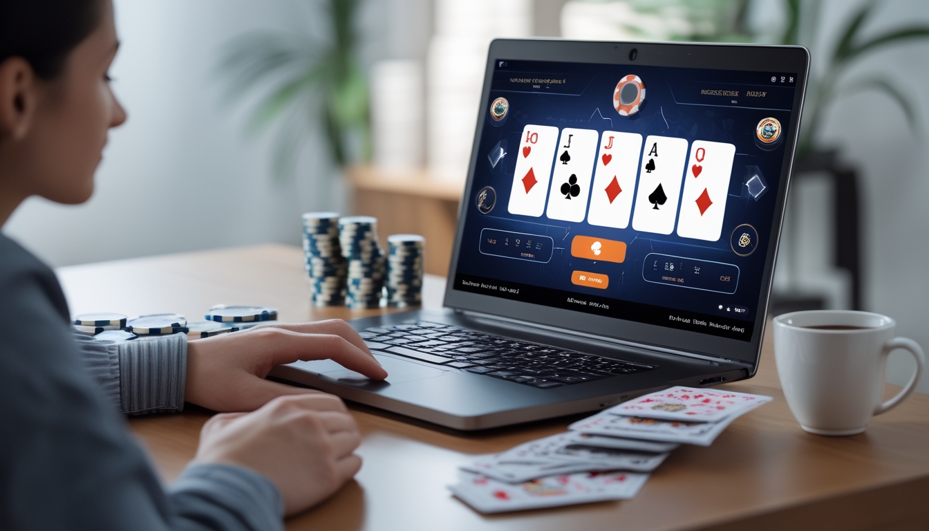 Seseorang bermain poker online menggunakan laptop di meja dengan chip poker dan kartu bermain di sekitarnya.
