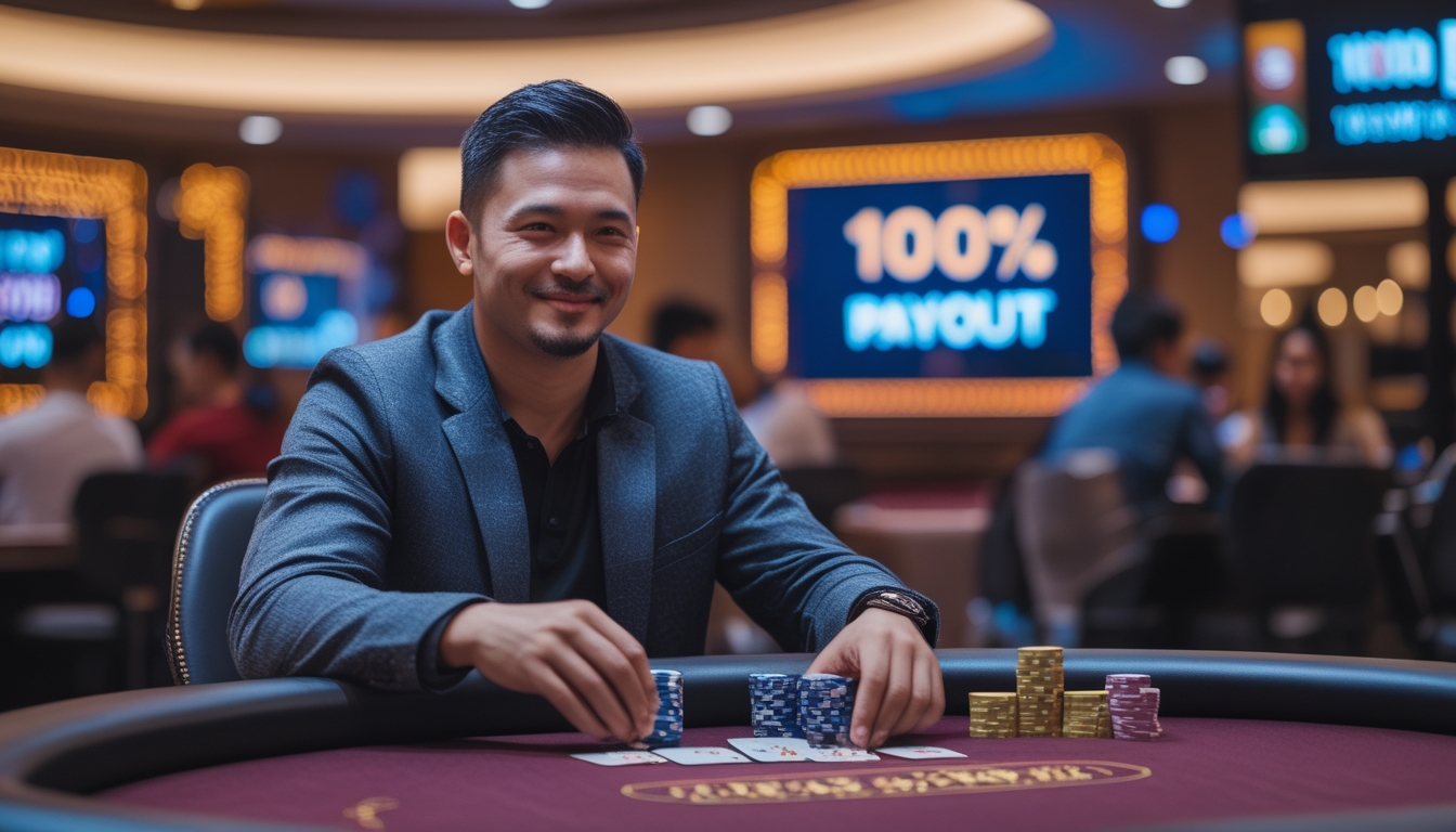Seorang pria dewasa duduk di meja poker dengan kartu dan tumpukan chip, tersenyum percaya diri di kasino modern.