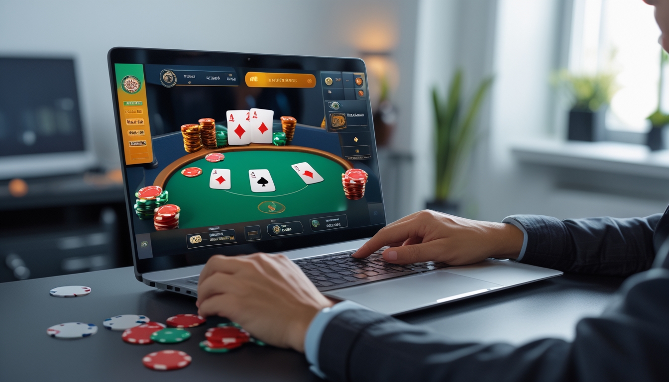 Seseorang bermain poker online di komputer dengan tumpukan chip poker dan kartu di layar, di ruangan yang terang dan rapi.