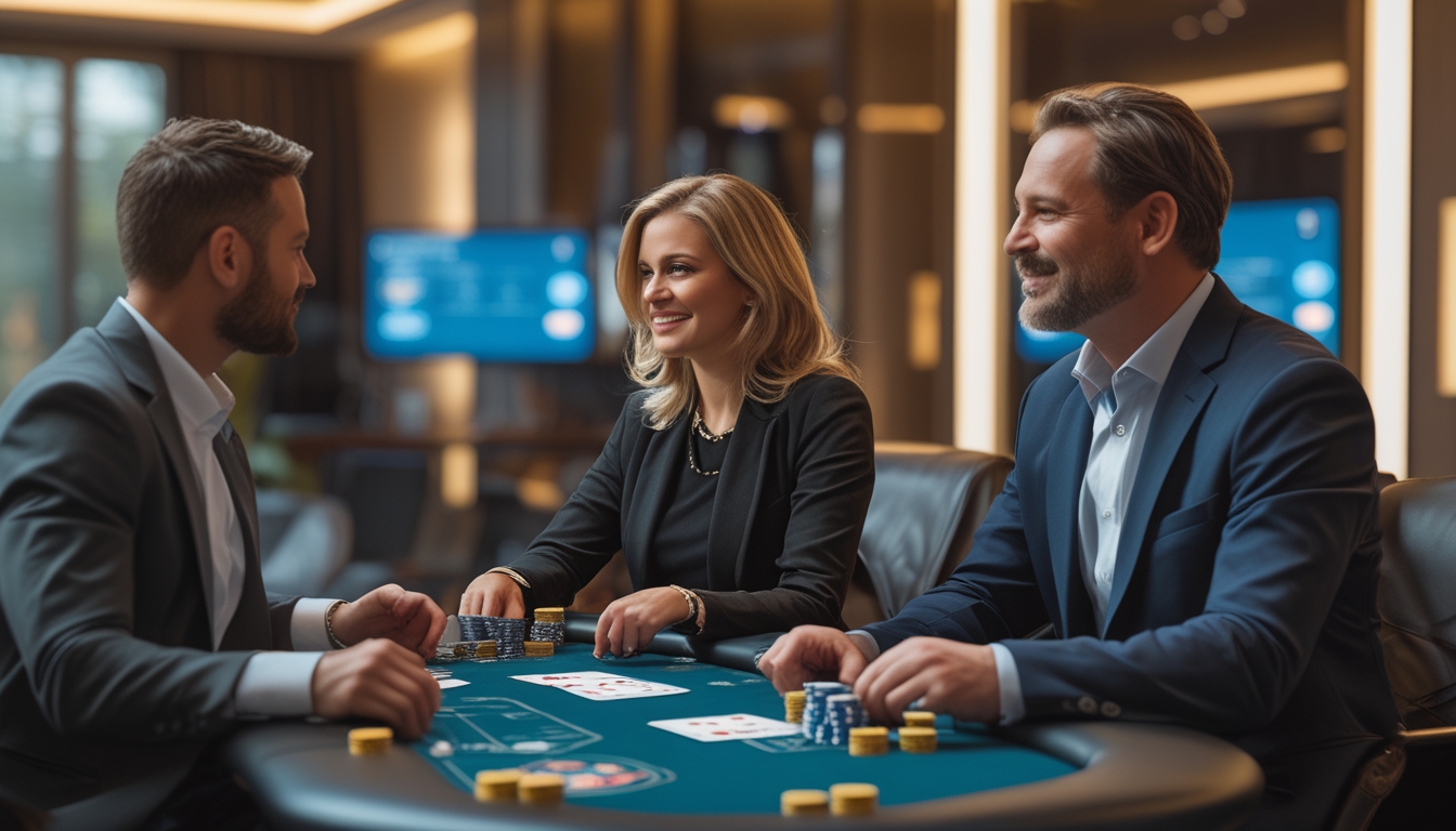 Dua orang dewasa duduk di meja poker modern dengan chip dan kartu, fokus bermain poker online di lingkungan dalam ruangan yang nyaman.