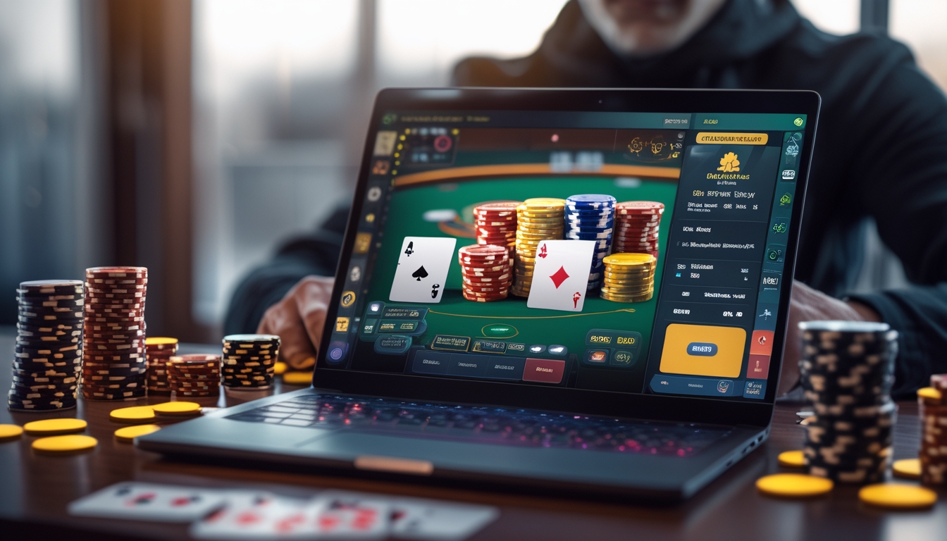 Seorang pemain fokus bermain poker online di depan laptop dengan tumpukan chip dan kartu di meja kayu.